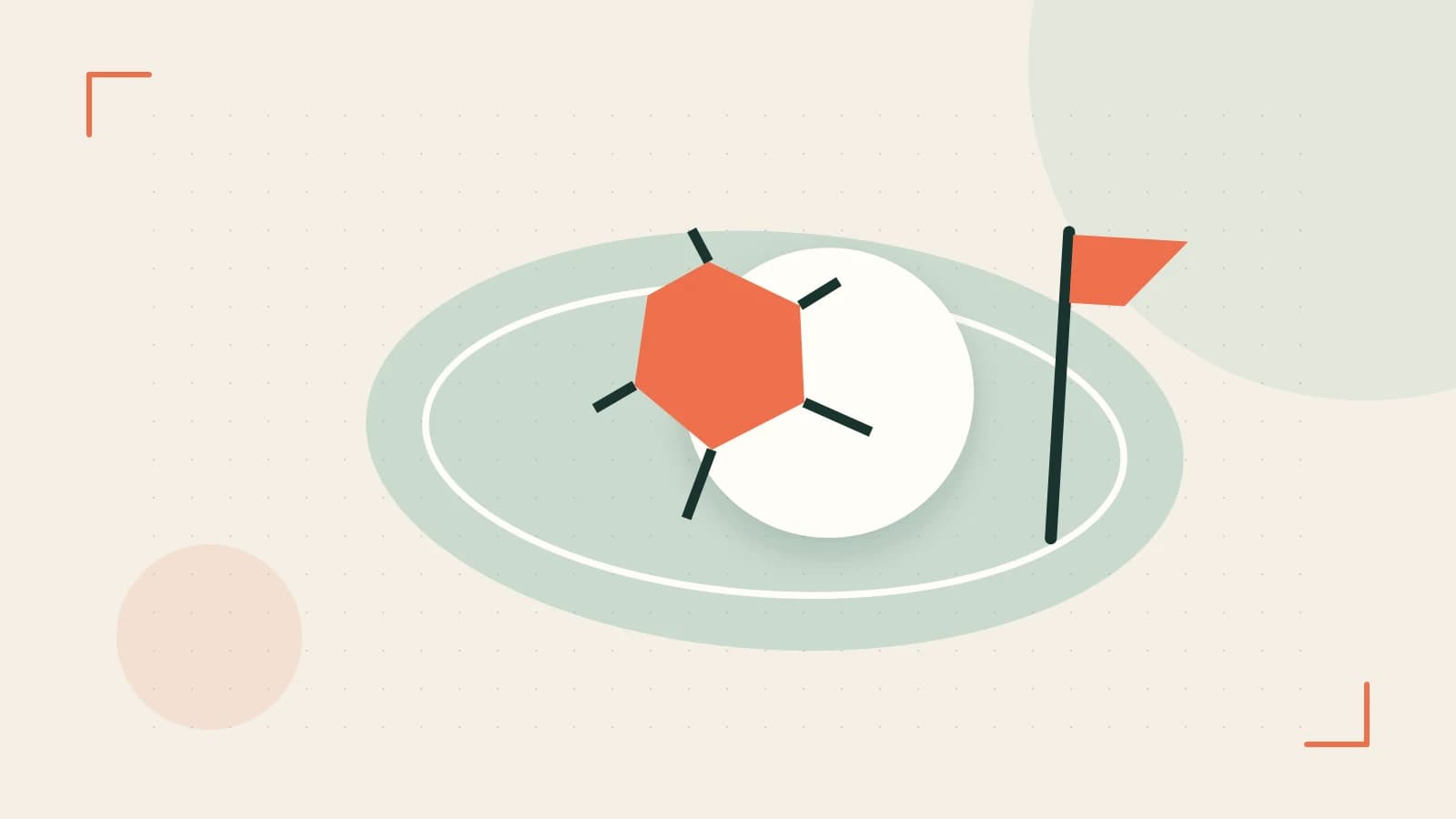 Editorial illustration of a stylized sports ball, stadium geometry and dynamic arcs