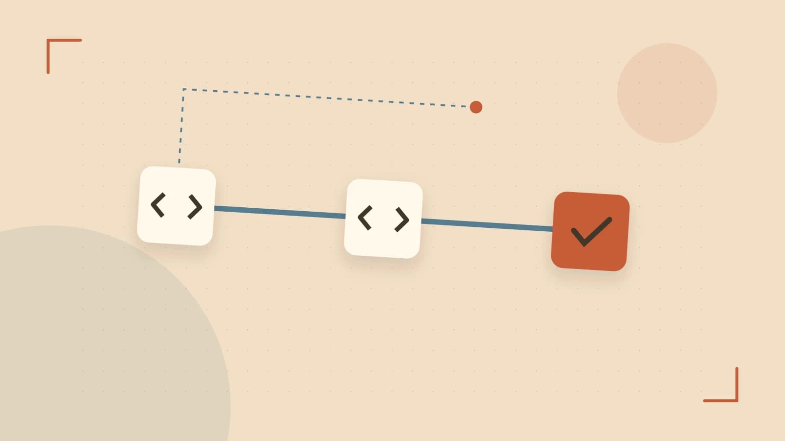 Editorial illustration of a branching build pipeline, staged transformations and a completed check