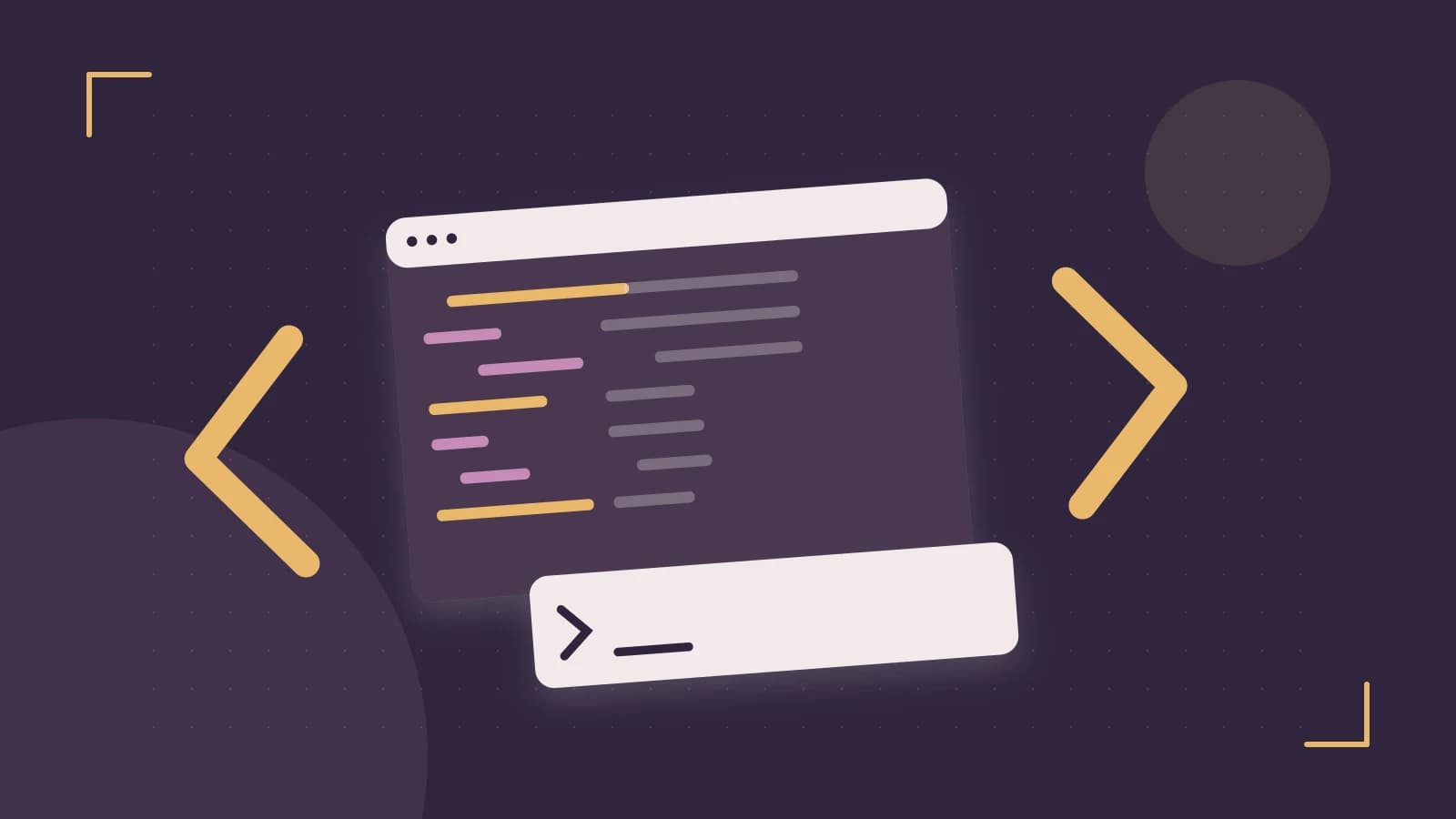 Editorial illustration of an abstract code editor, syntax blocks and oversized programming brackets