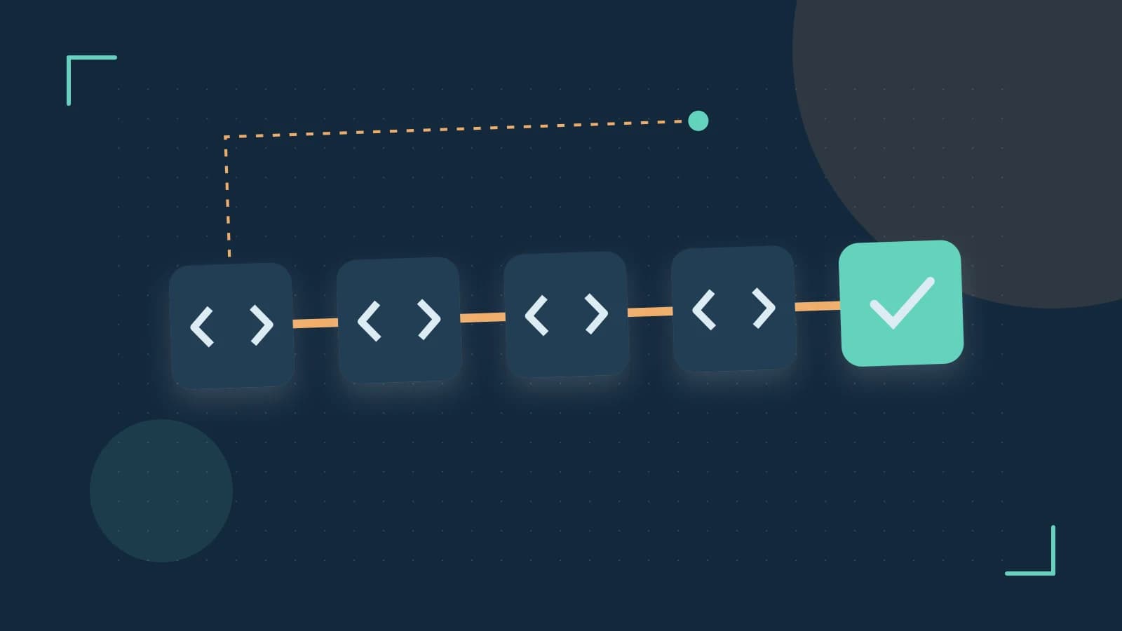 Editorial illustration of a branching build pipeline, staged transformations and a completed check