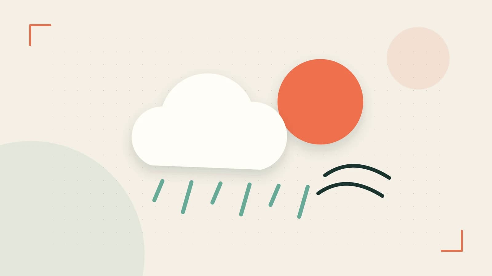 Editorial illustration of a sun, layered clouds, raindrops and flowing weather patterns