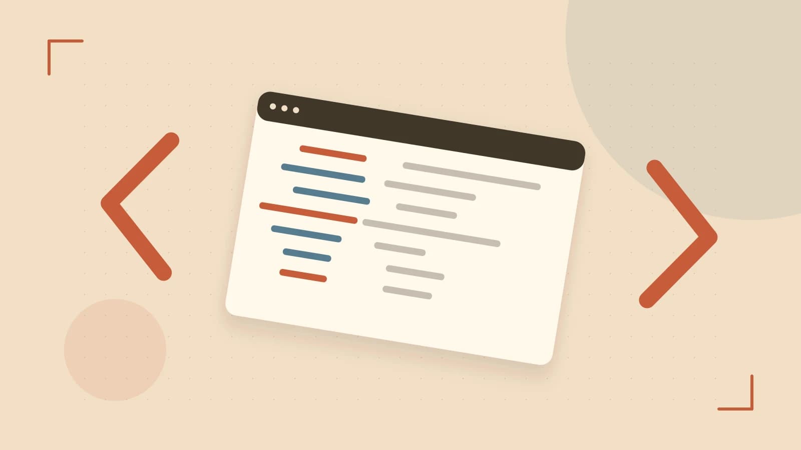 Editorial illustration of an abstract code editor, syntax blocks and oversized programming brackets