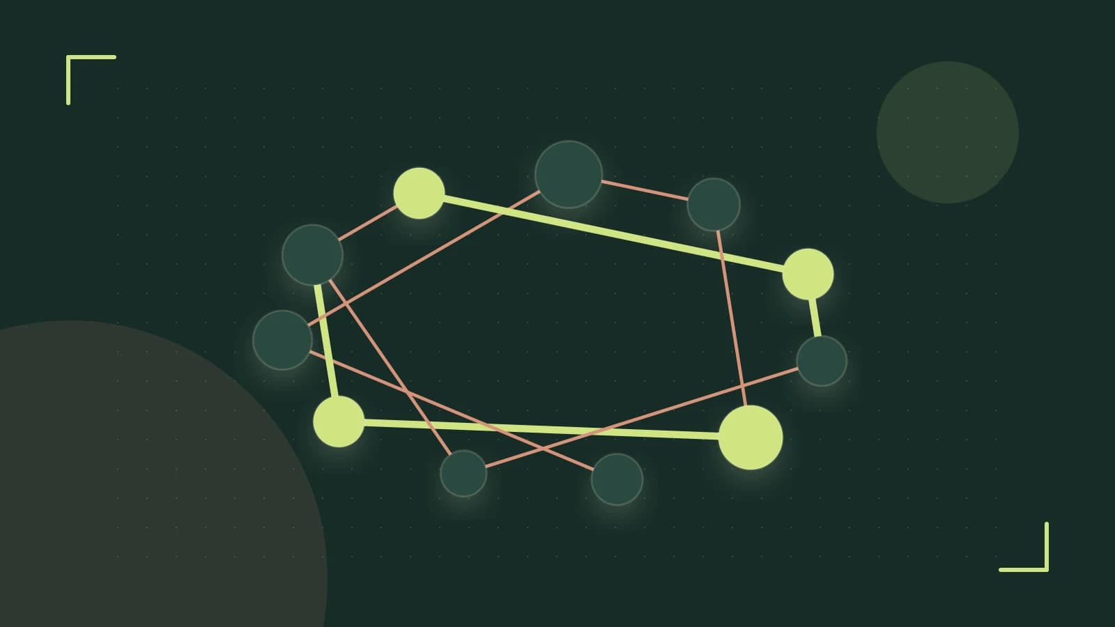 Editorial illustration of an algorithmic node graph with branching paths and a highlighted result