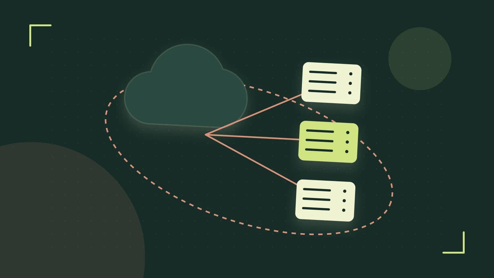 Editorial illustration of cloud infrastructure, connected server racks and an orbital service map
