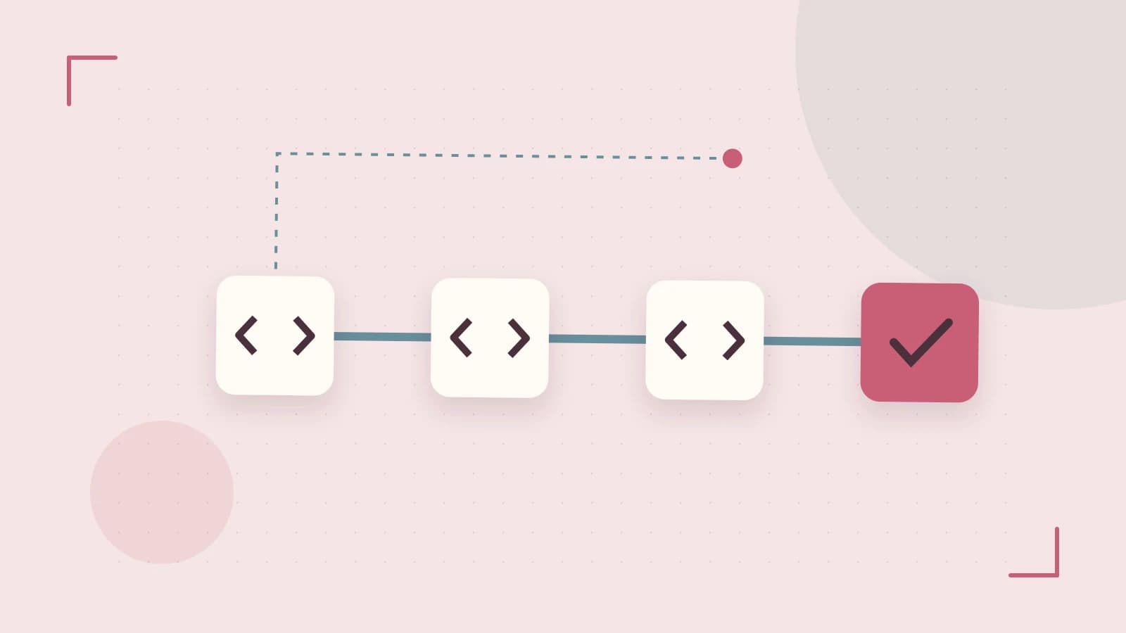 Editorial illustration of a branching build pipeline, staged transformations and a completed check