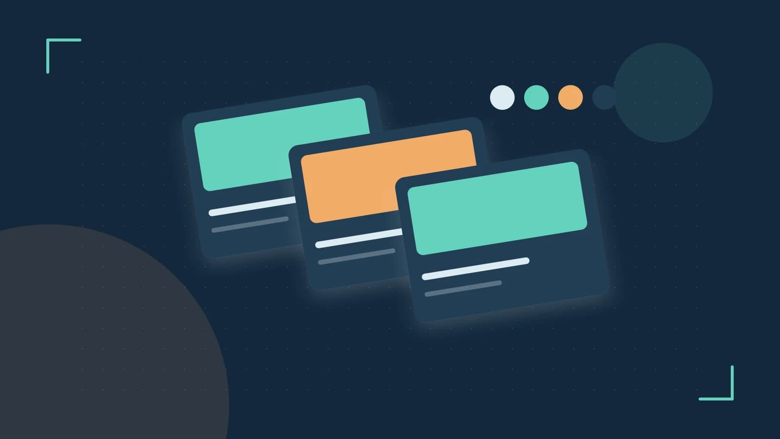 Editorial illustration of responsive browser layouts, overlapping design components and a color system