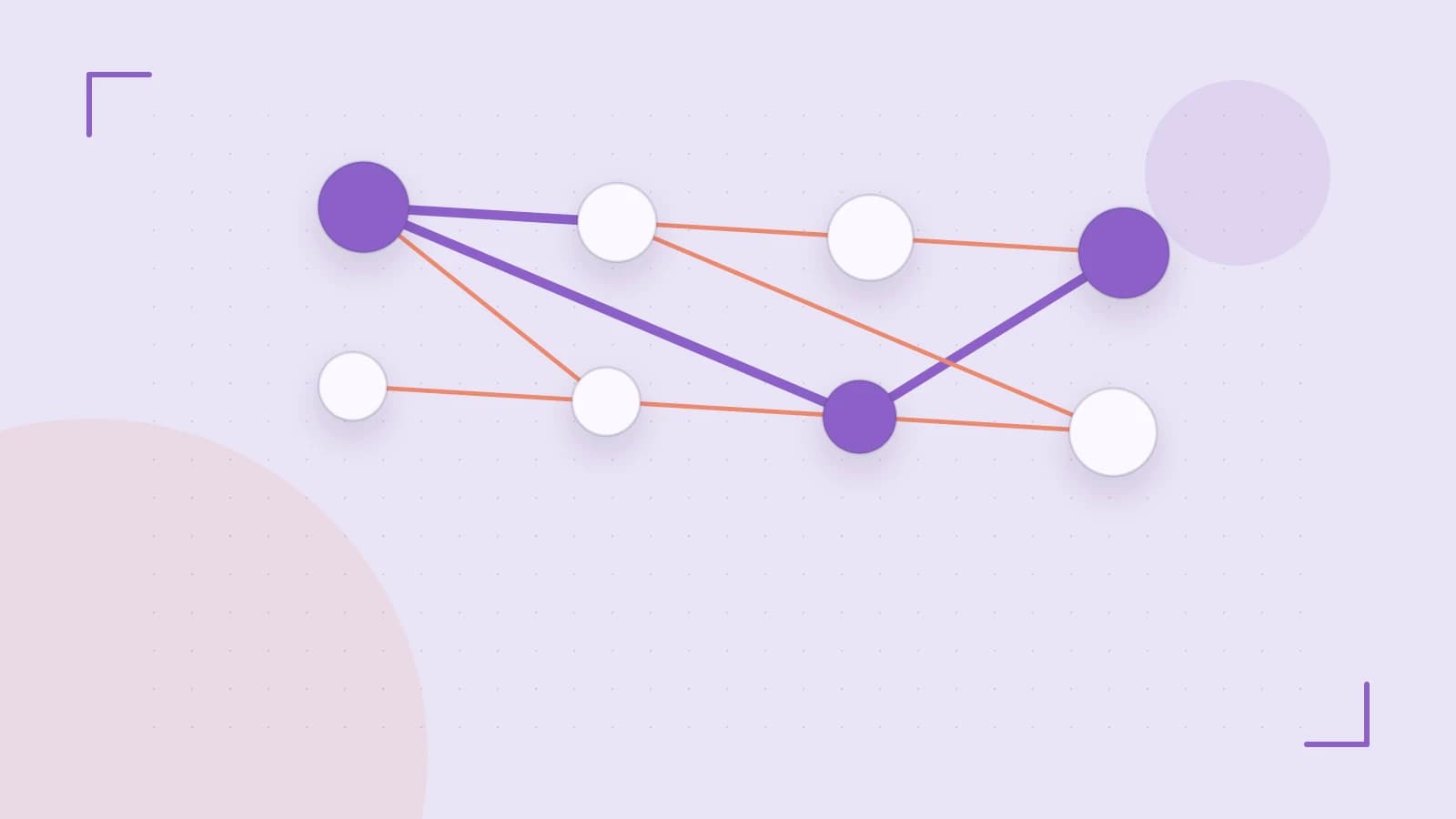 Editorial illustration of an algorithmic node graph with branching paths and a highlighted result