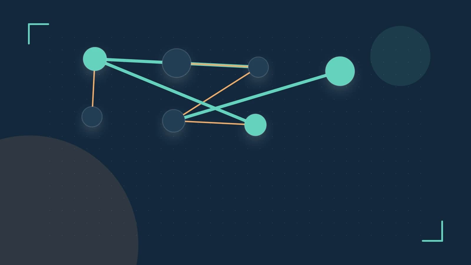 Editorial illustration of an algorithmic node graph with branching paths and a highlighted result