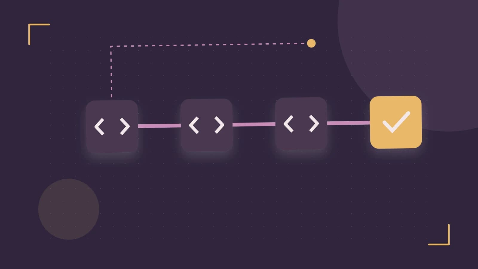 Editorial illustration of a branching build pipeline, staged transformations and a completed check