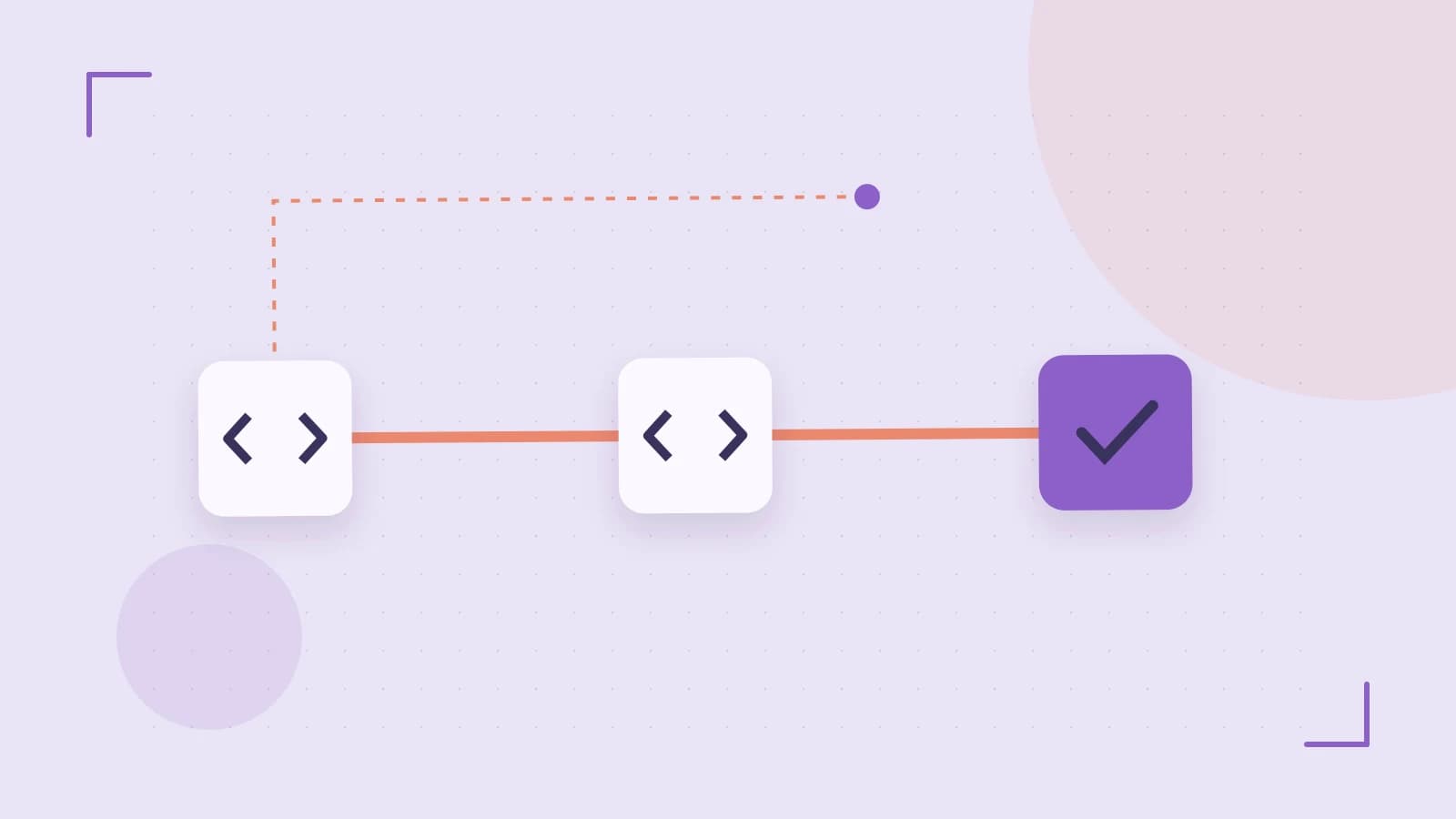Editorial illustration of a branching build pipeline, staged transformations and a completed check