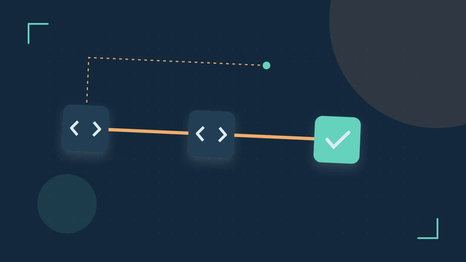 Editorial illustration of a branching build pipeline, staged transformations and a completed check