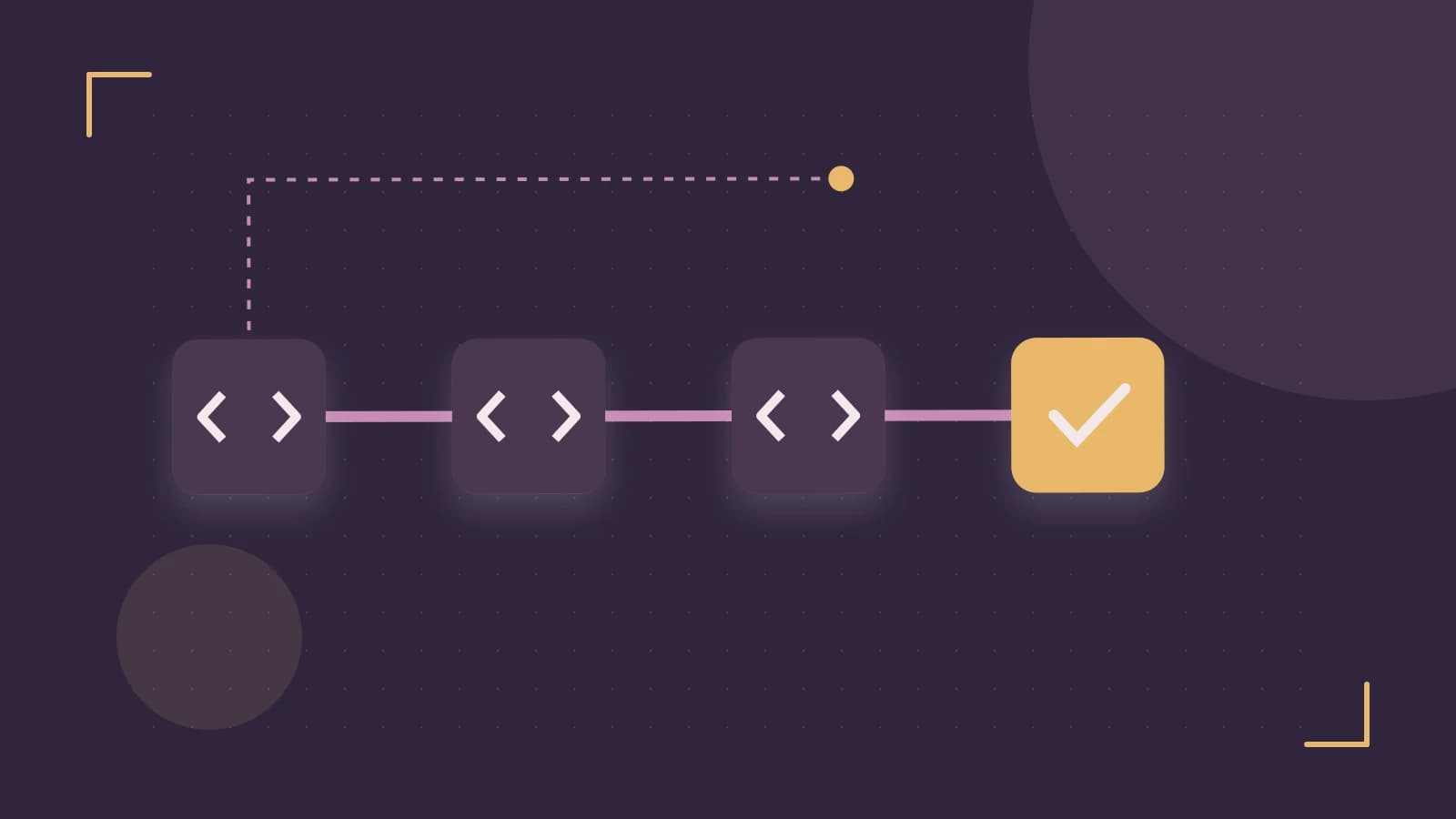 Editorial illustration of a branching build pipeline, staged transformations and a completed check