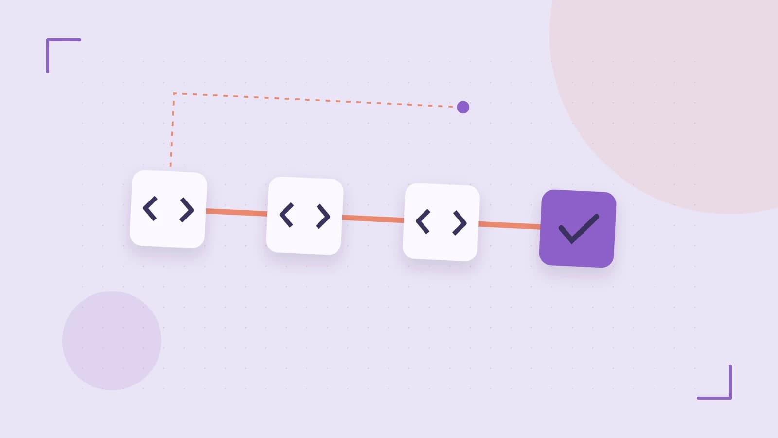 Editorial illustration of a branching build pipeline, staged transformations and a completed check