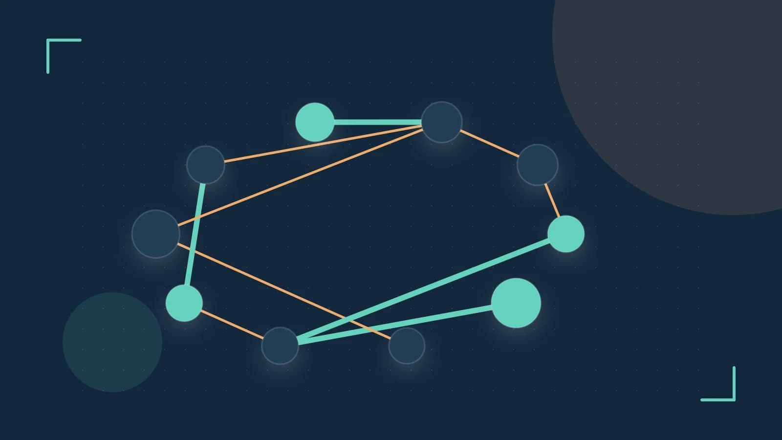 Editorial illustration of an algorithmic node graph with branching paths and a highlighted result