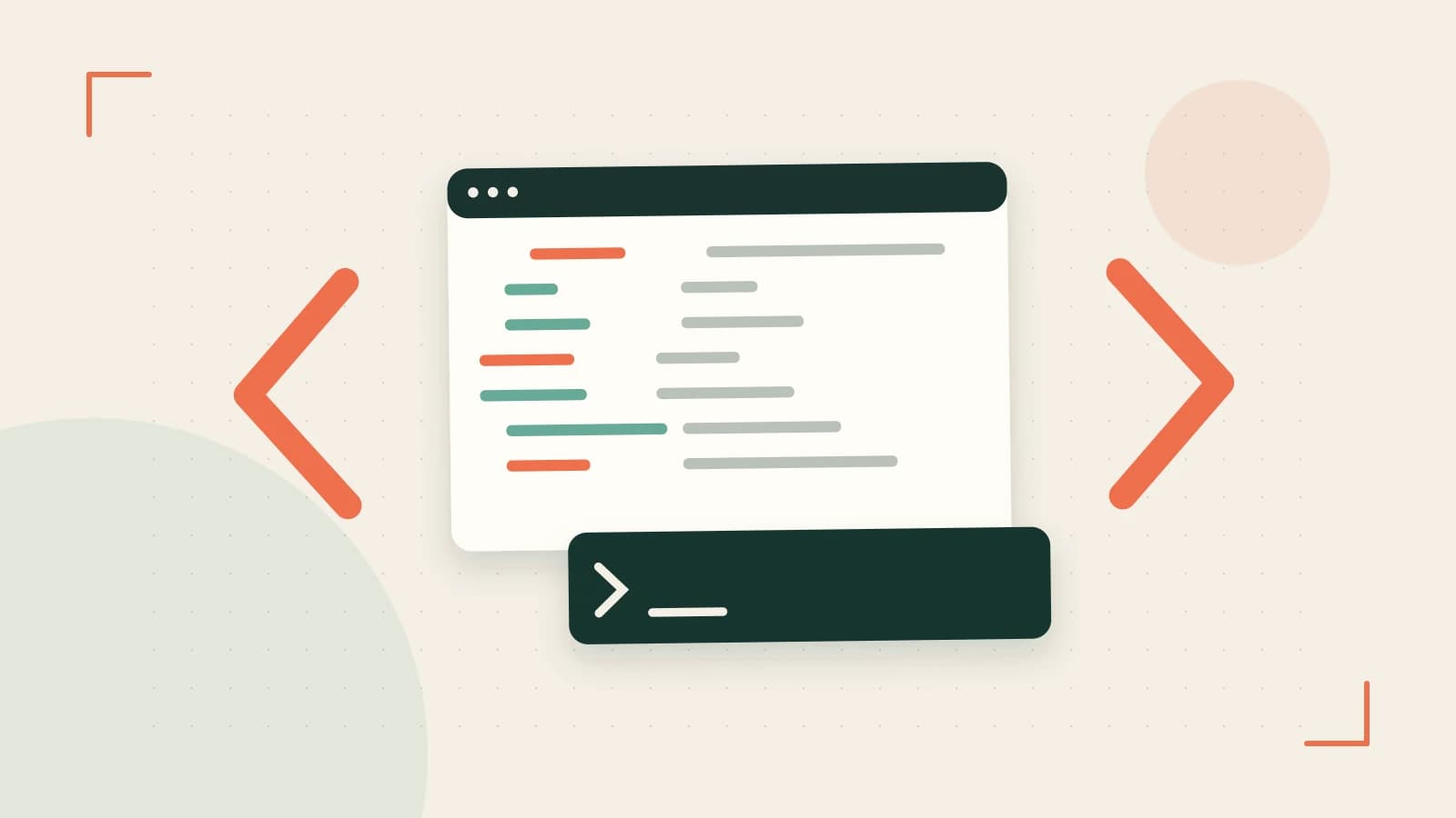 Editorial illustration of an abstract code editor, syntax blocks and oversized programming brackets