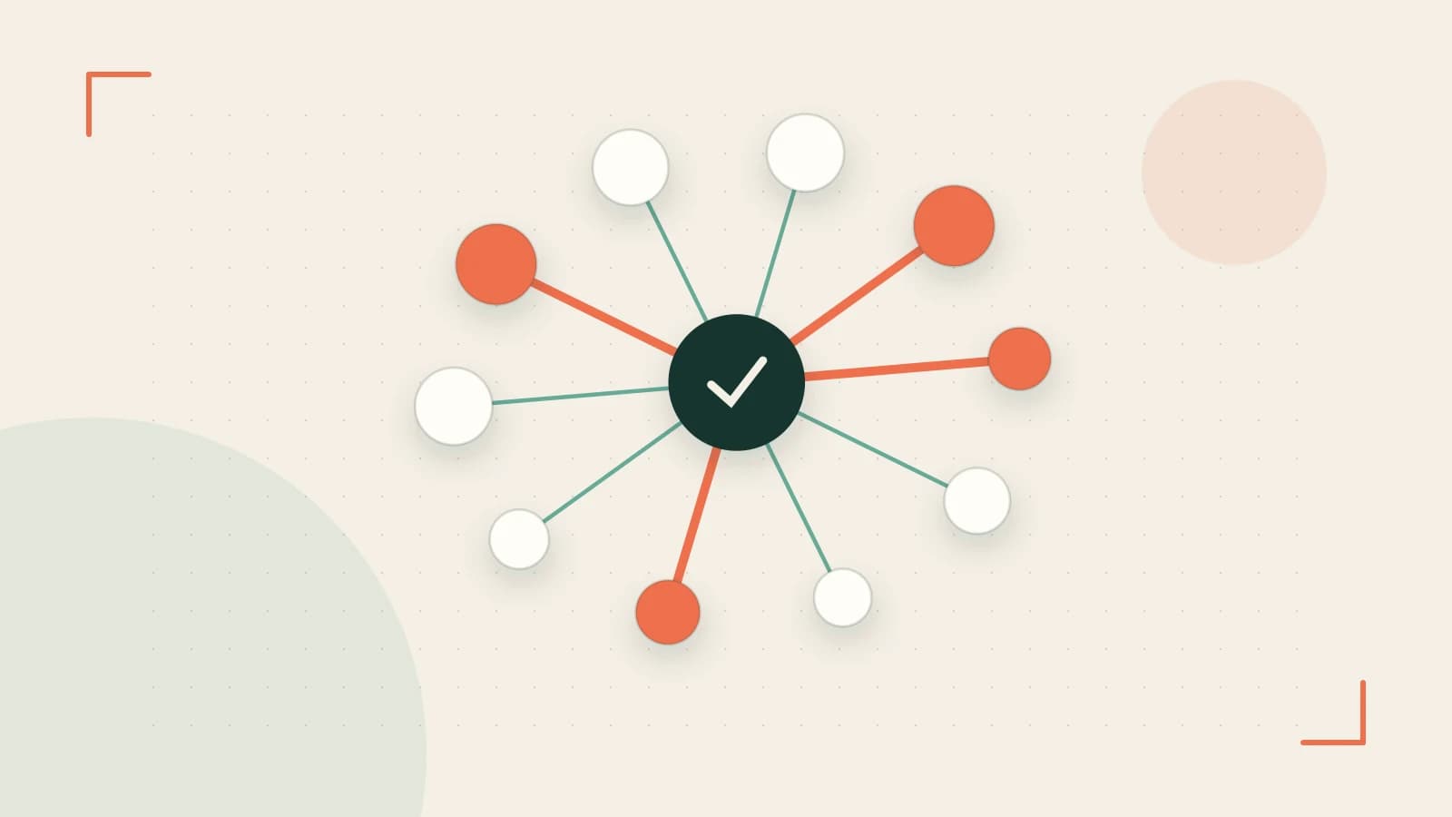 Editorial illustration of an algorithmic node graph with branching paths and a highlighted result