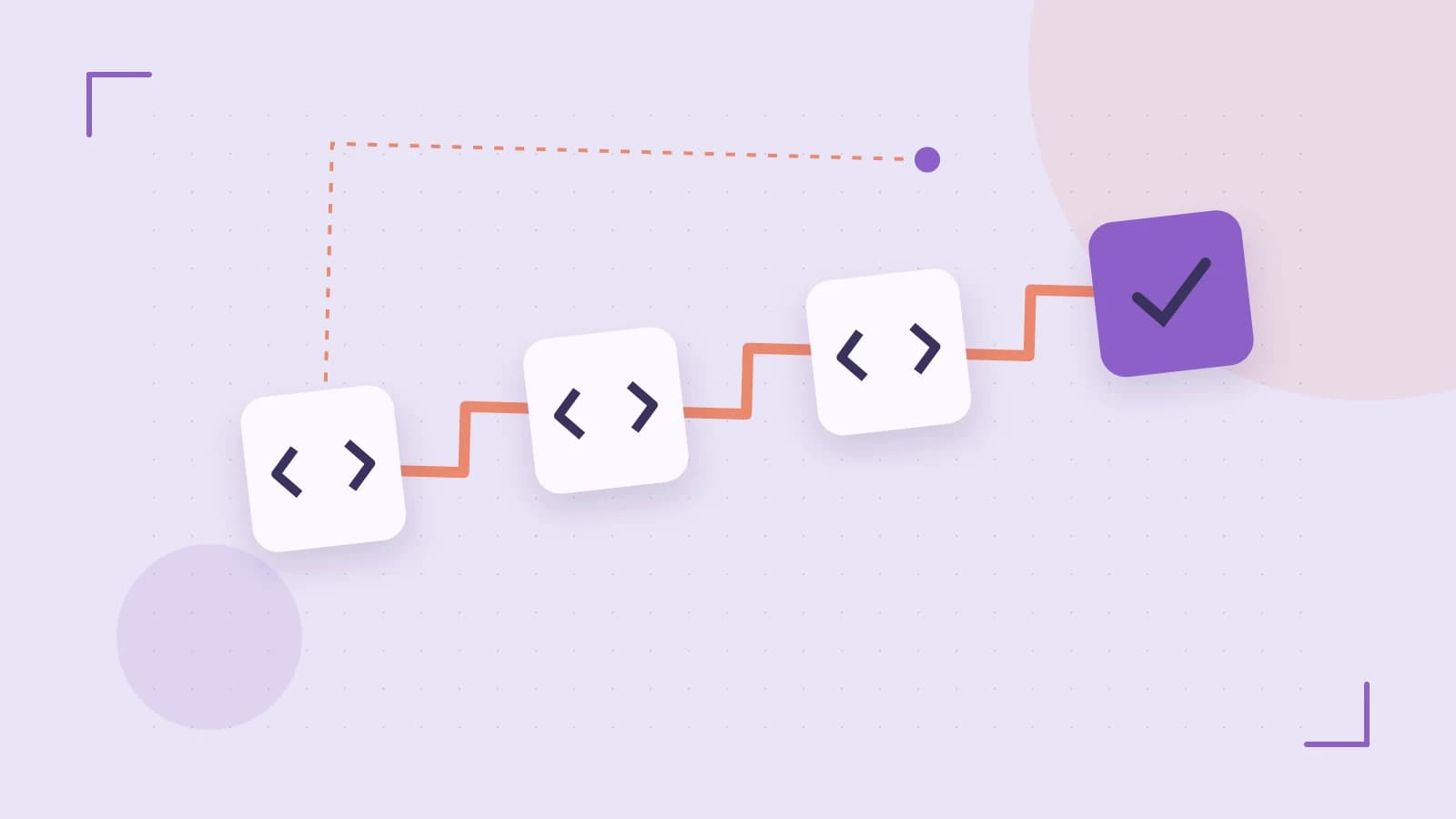 Editorial illustration of a branching build pipeline, staged transformations and a completed check