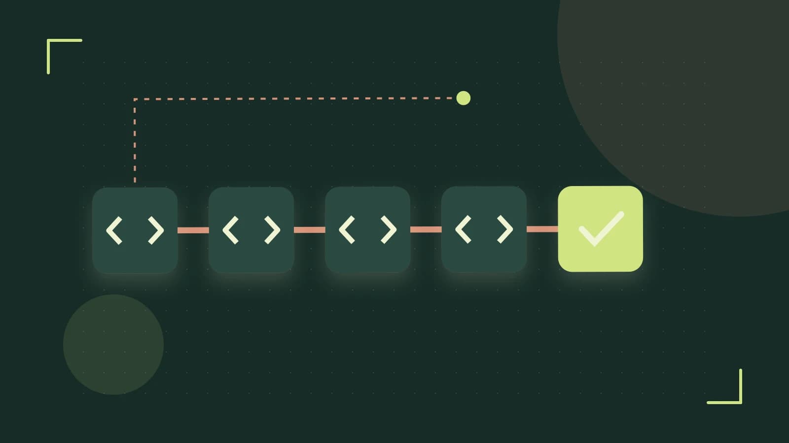 Editorial illustration of a branching build pipeline, staged transformations and a completed check