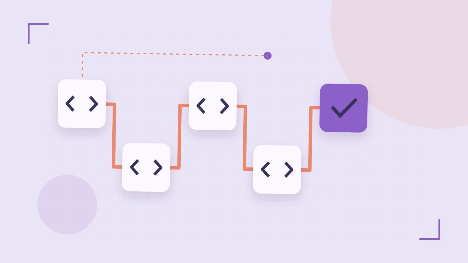 Editorial illustration of a branching build pipeline, staged transformations and a completed check