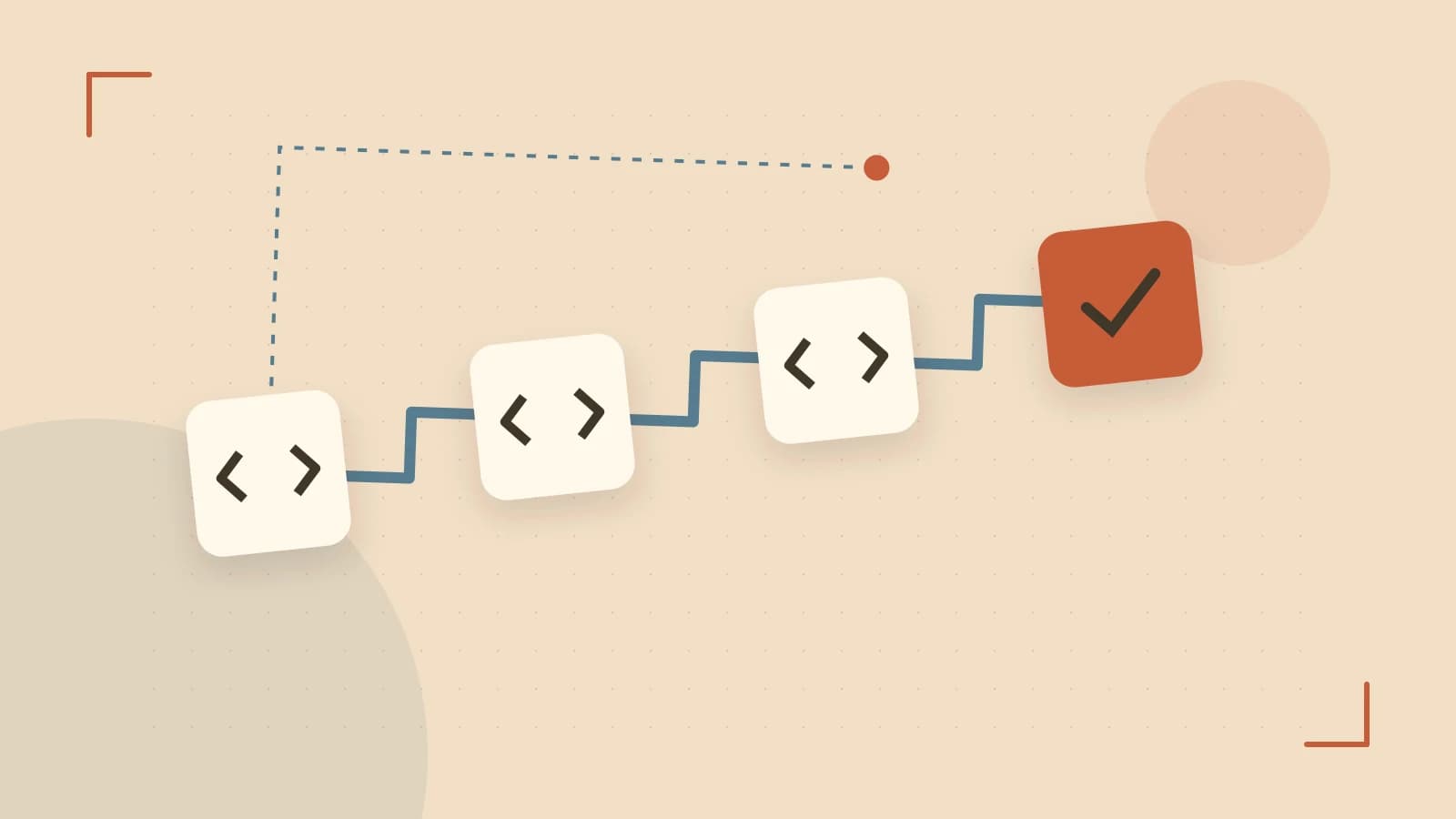 Editorial illustration of a branching build pipeline, staged transformations and a completed check