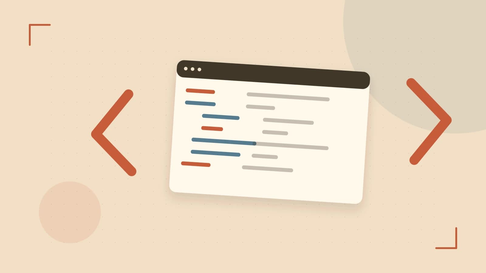 Editorial illustration of an abstract code editor, syntax blocks and oversized programming brackets
