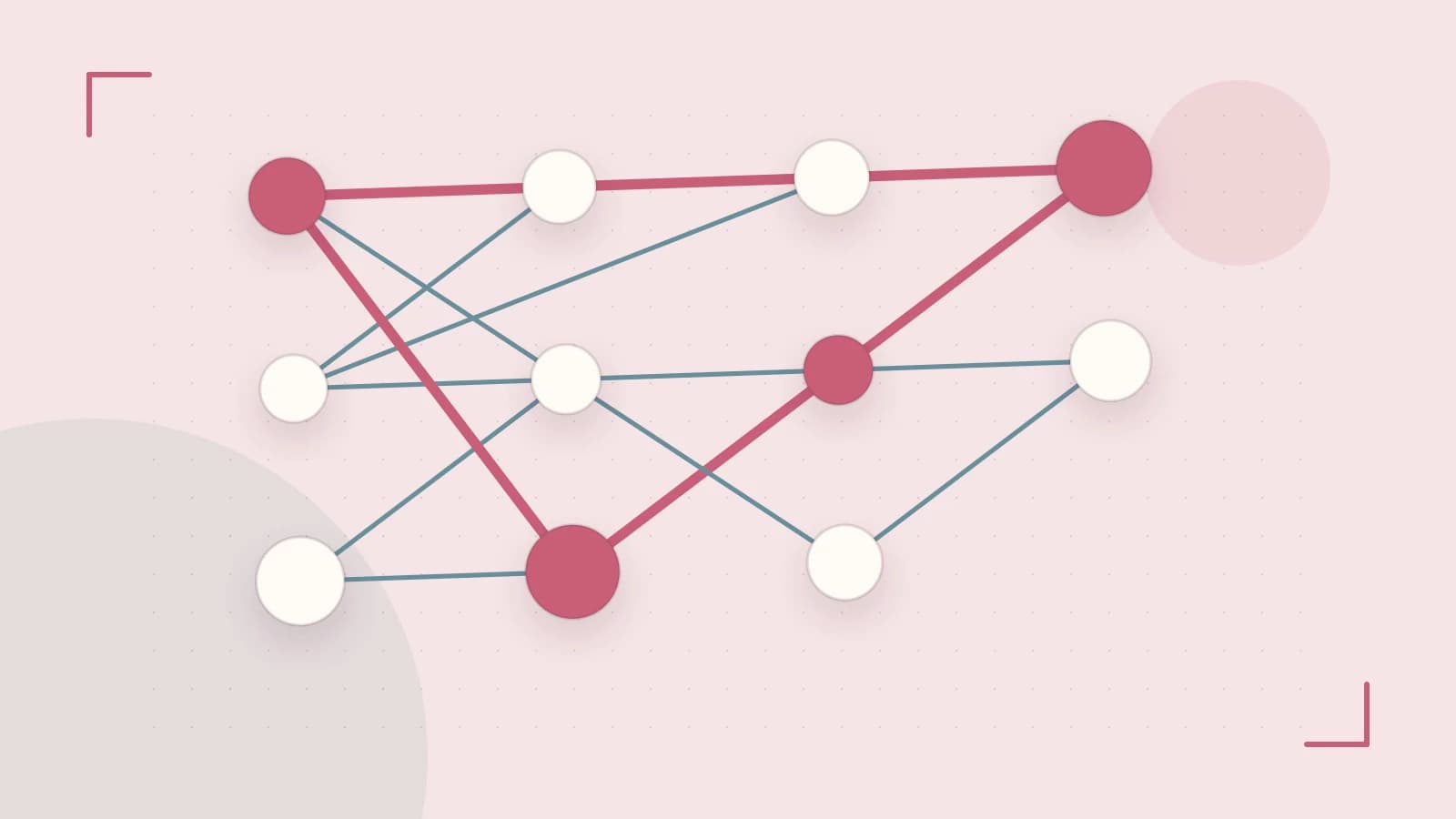 Editorial illustration of an algorithmic node graph with branching paths and a highlighted result
