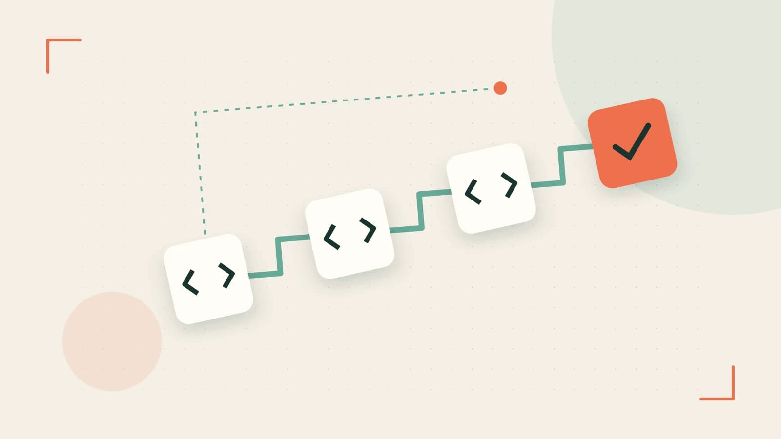 Editorial illustration of a branching build pipeline, staged transformations and a completed check