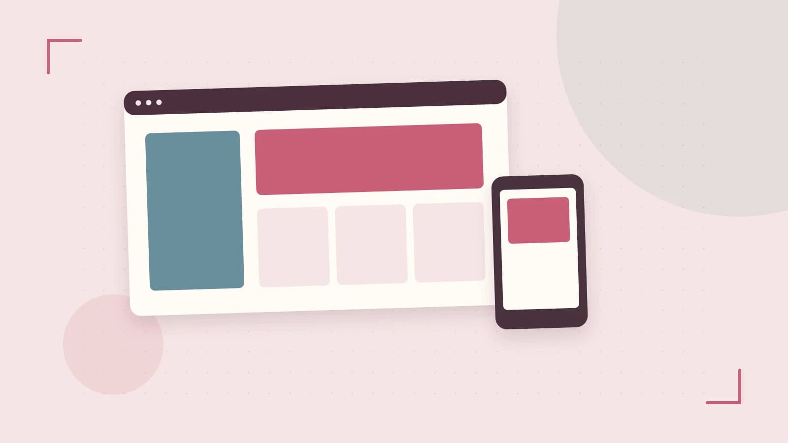 Editorial illustration of responsive browser layouts, overlapping design components and a color system