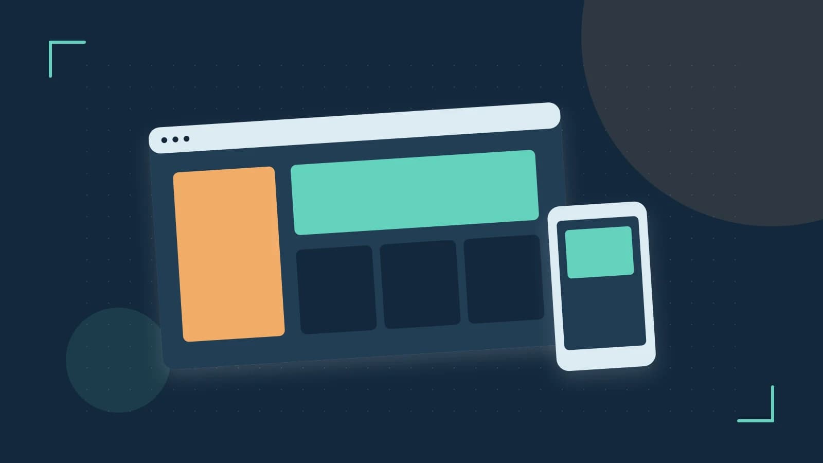 Editorial illustration of responsive browser layouts, overlapping design components and a color system