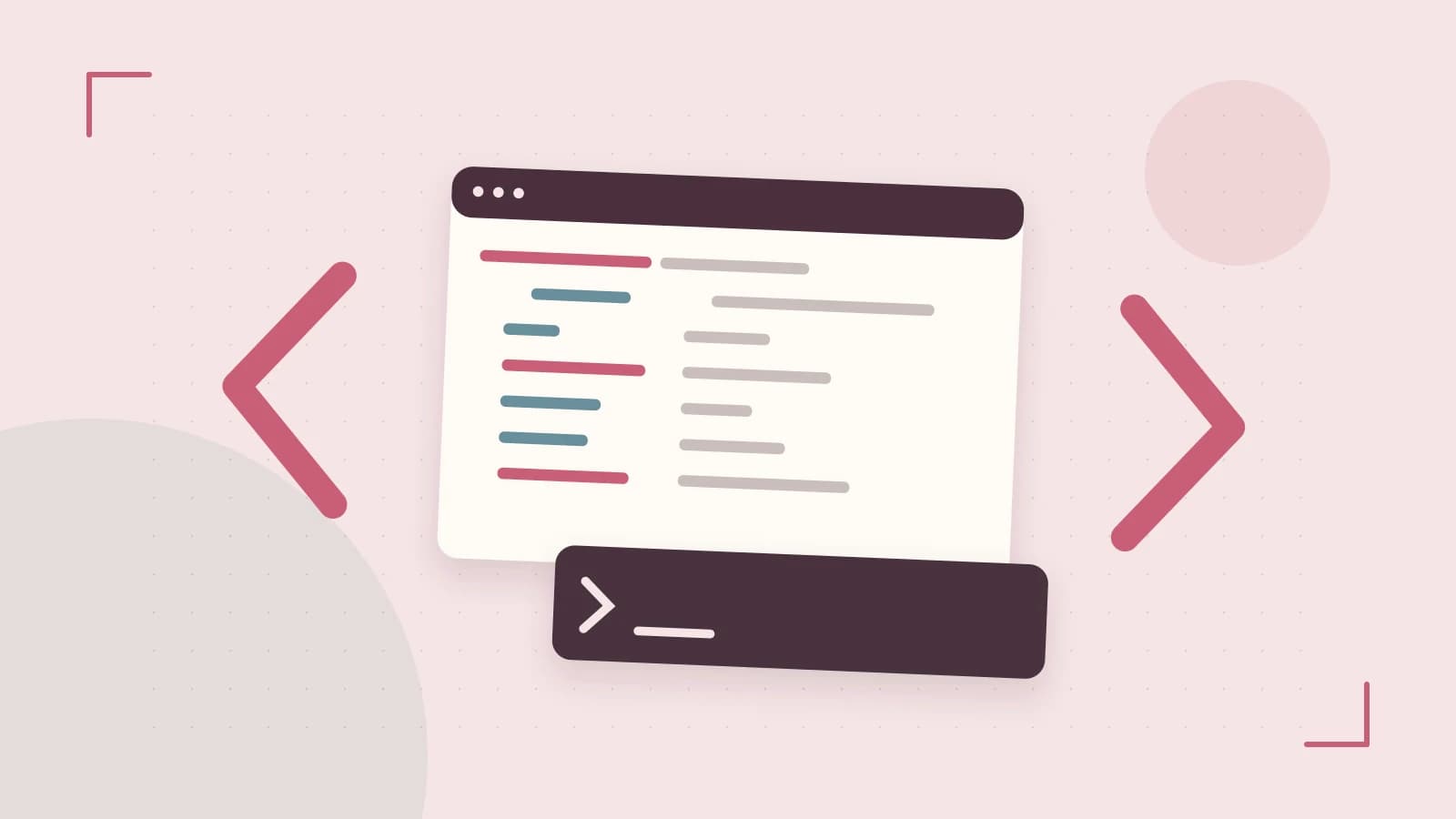 Editorial illustration of an abstract code editor, syntax blocks and oversized programming brackets