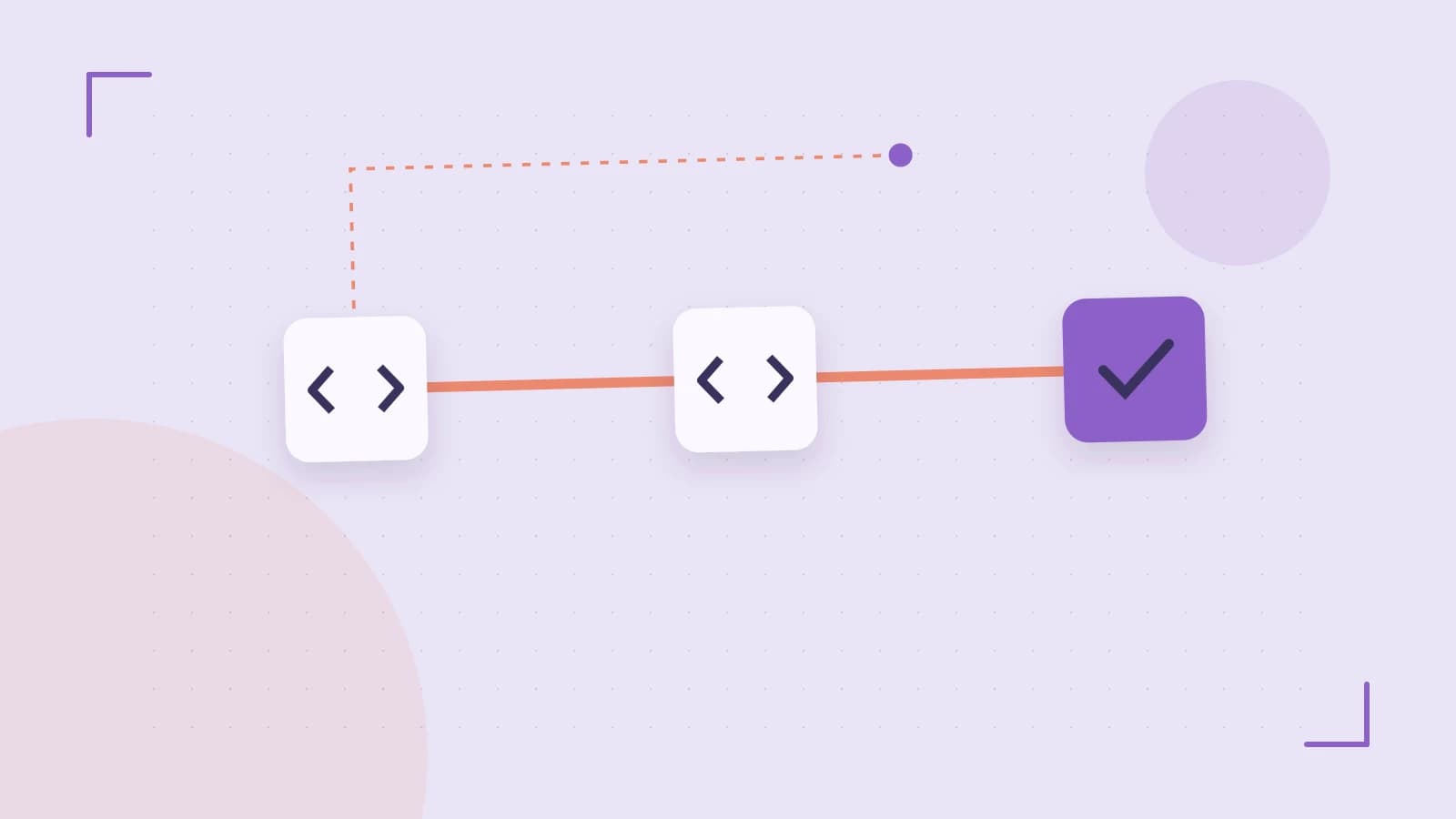 Editorial illustration of a branching build pipeline, staged transformations and a completed check