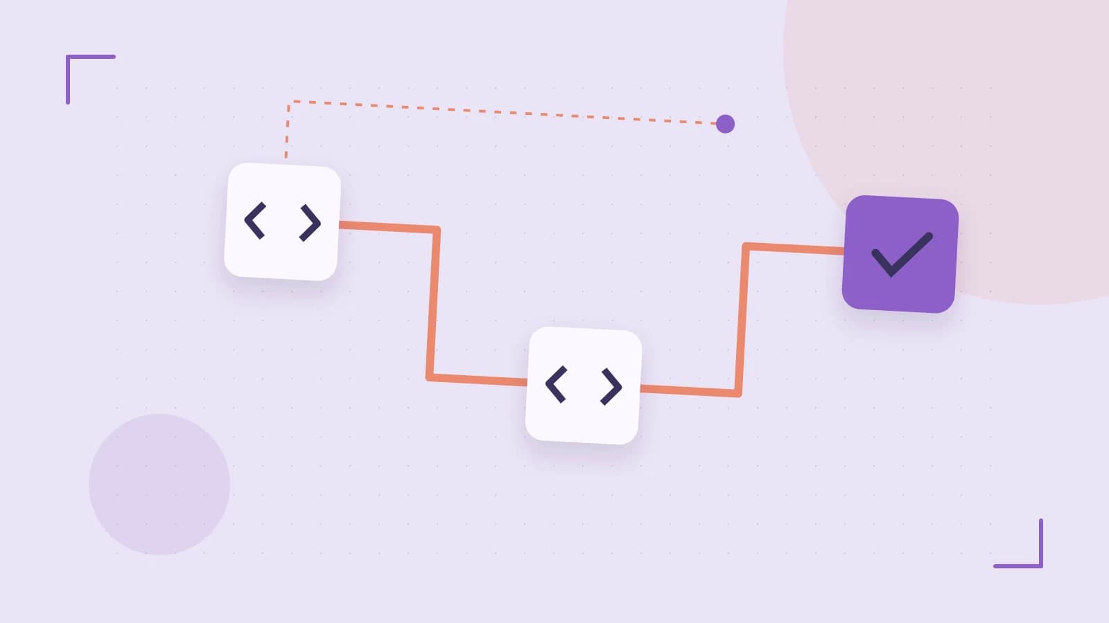 Editorial illustration of a branching build pipeline, staged transformations and a completed check