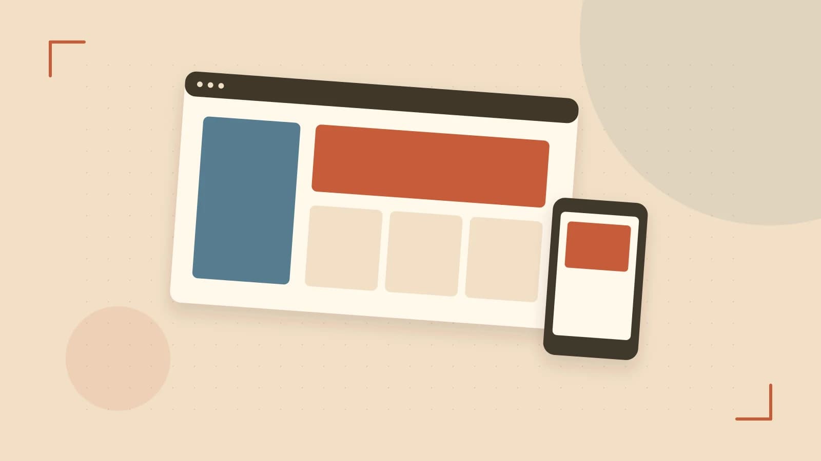 Editorial illustration of responsive browser layouts, overlapping design components and a color system