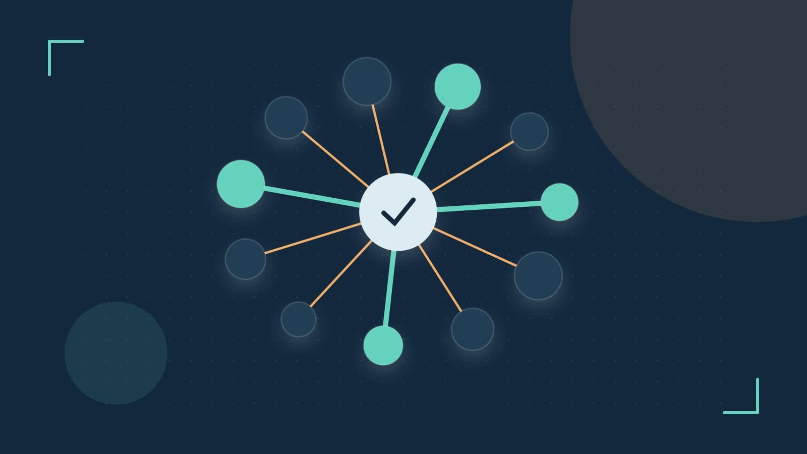 Editorial illustration of an algorithmic node graph with branching paths and a highlighted result
