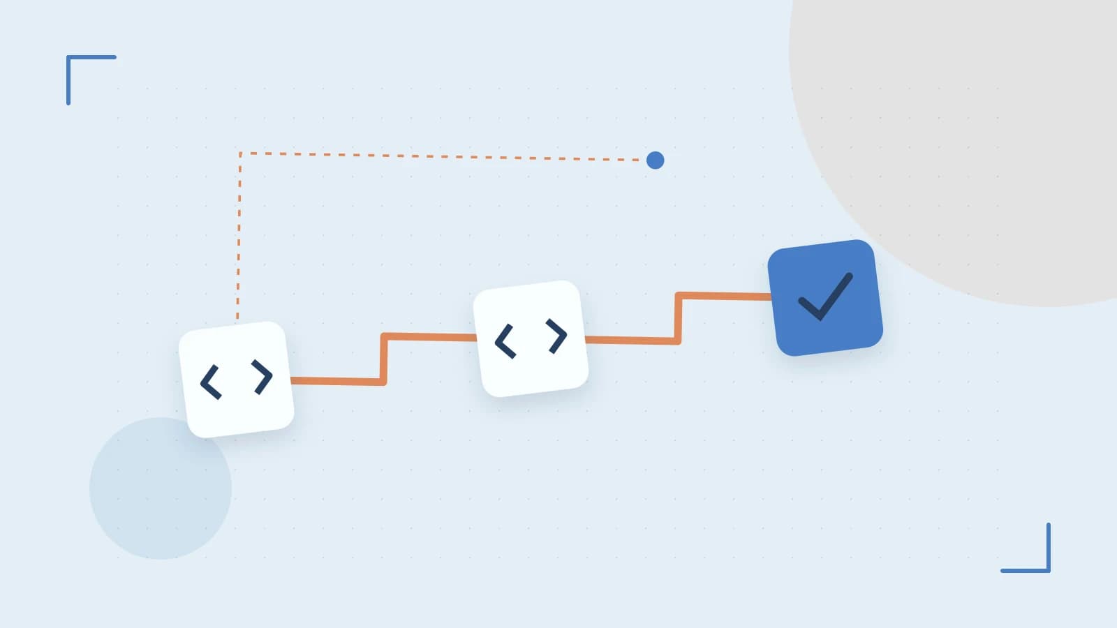 Editorial illustration of a branching build pipeline, staged transformations and a completed check