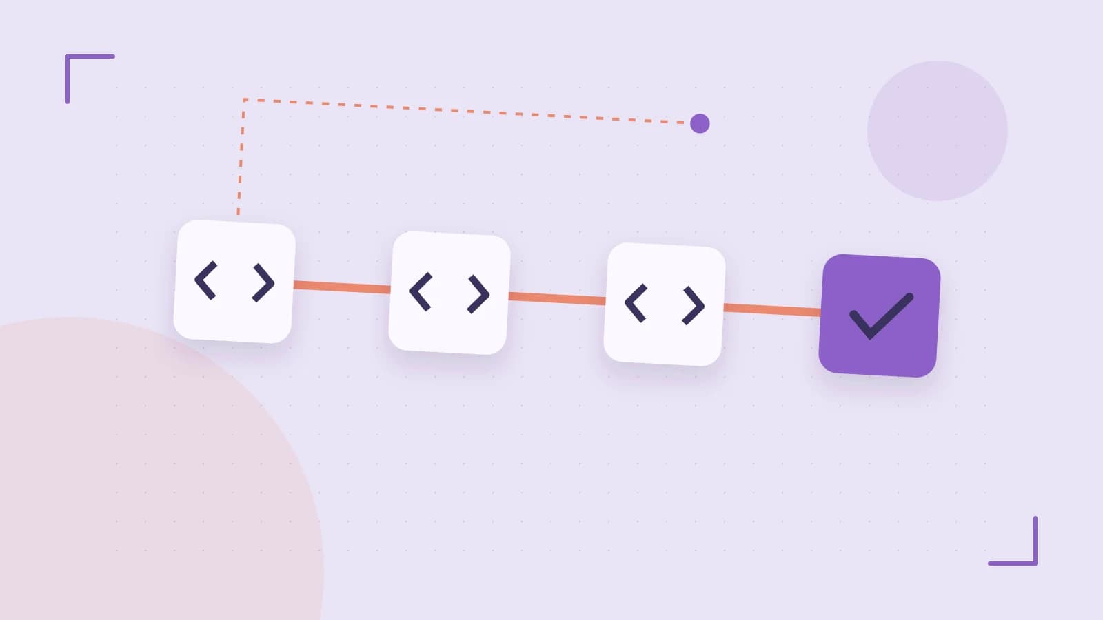 Editorial illustration of a branching build pipeline, staged transformations and a completed check
