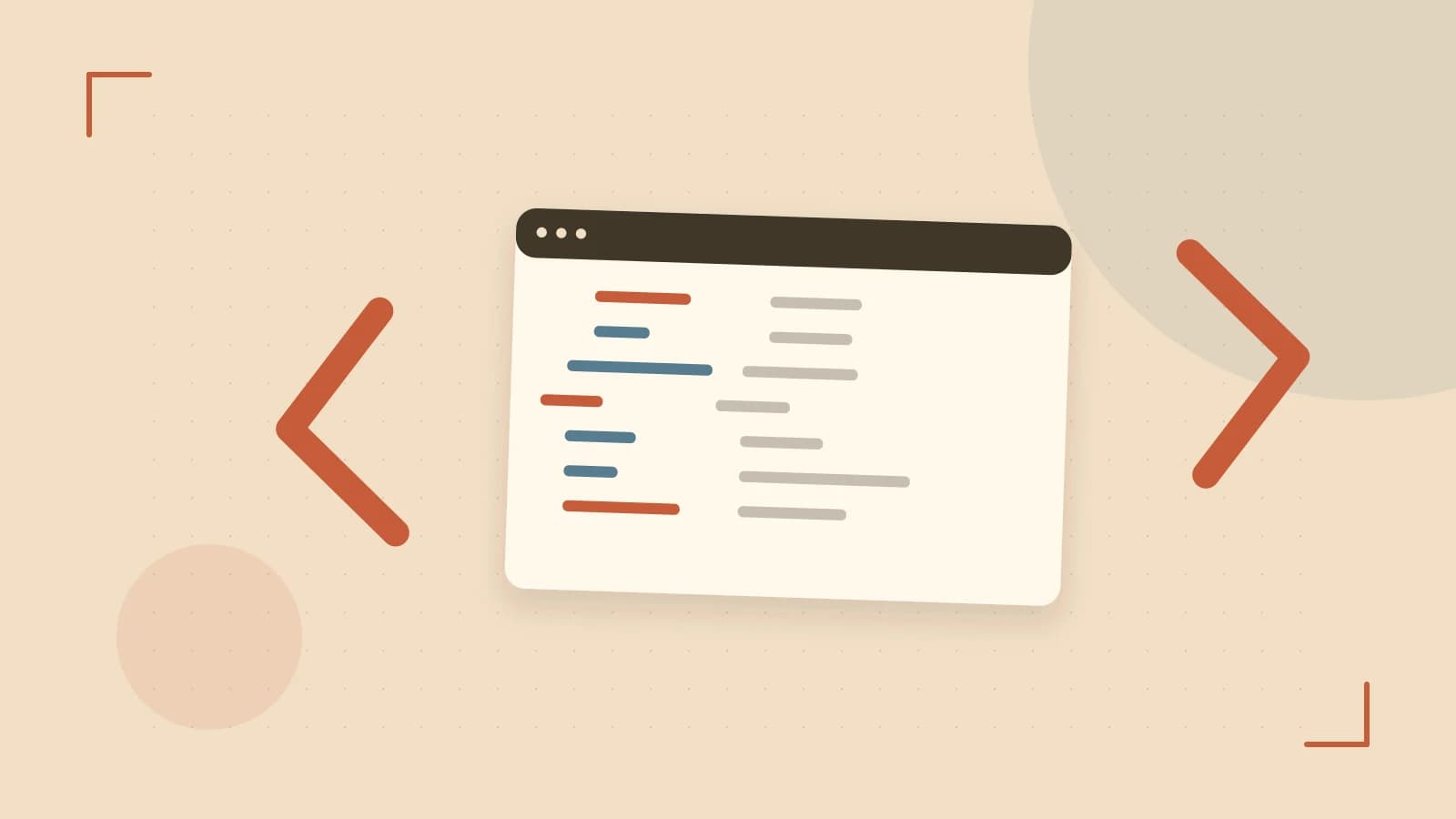 Editorial illustration of an abstract code editor, syntax blocks and oversized programming brackets