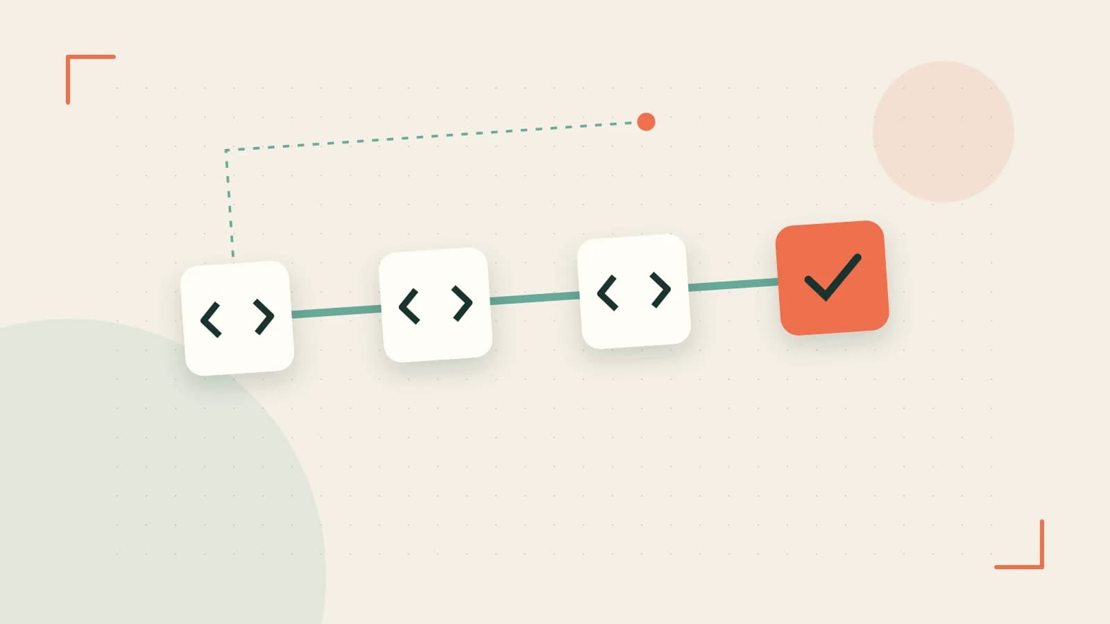 Editorial illustration of a branching build pipeline, staged transformations and a completed check