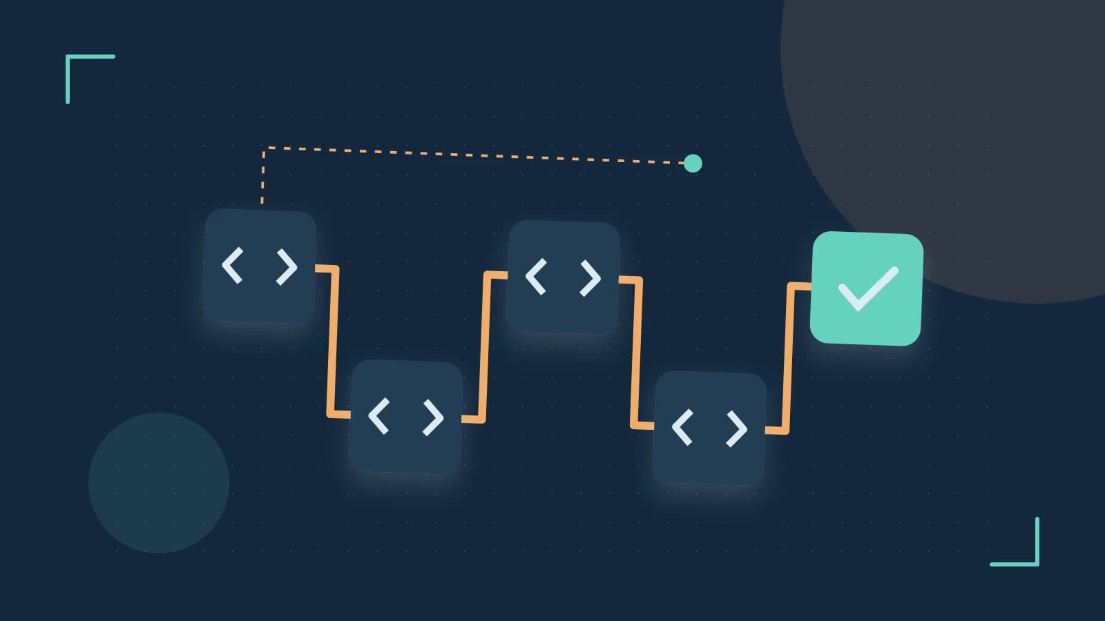 Editorial illustration of a branching build pipeline, staged transformations and a completed check