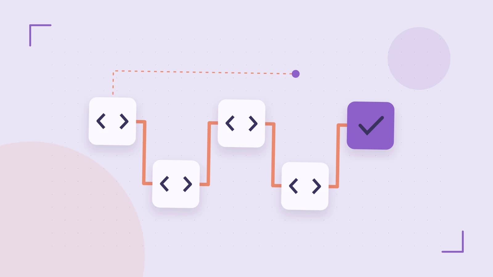 Editorial illustration of a branching build pipeline, staged transformations and a completed check