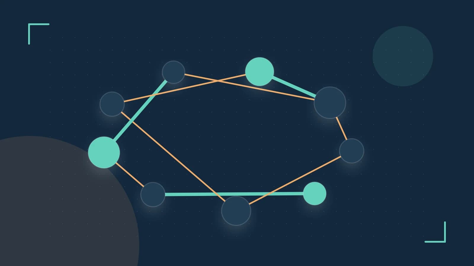 Editorial illustration of an algorithmic node graph with branching paths and a highlighted result