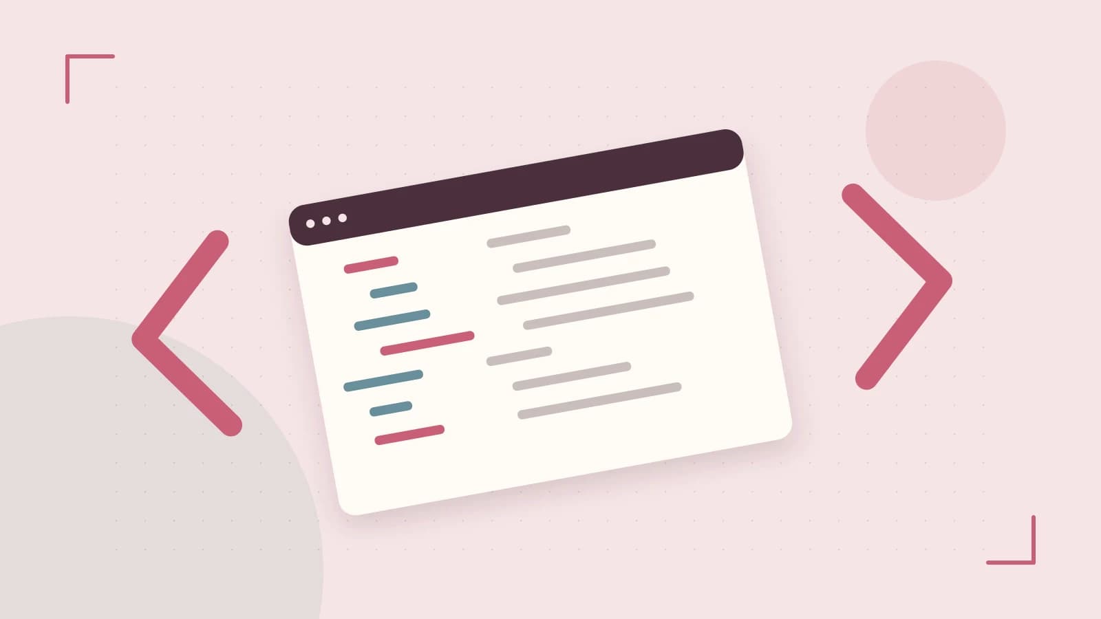 Editorial illustration of an abstract code editor, syntax blocks and oversized programming brackets