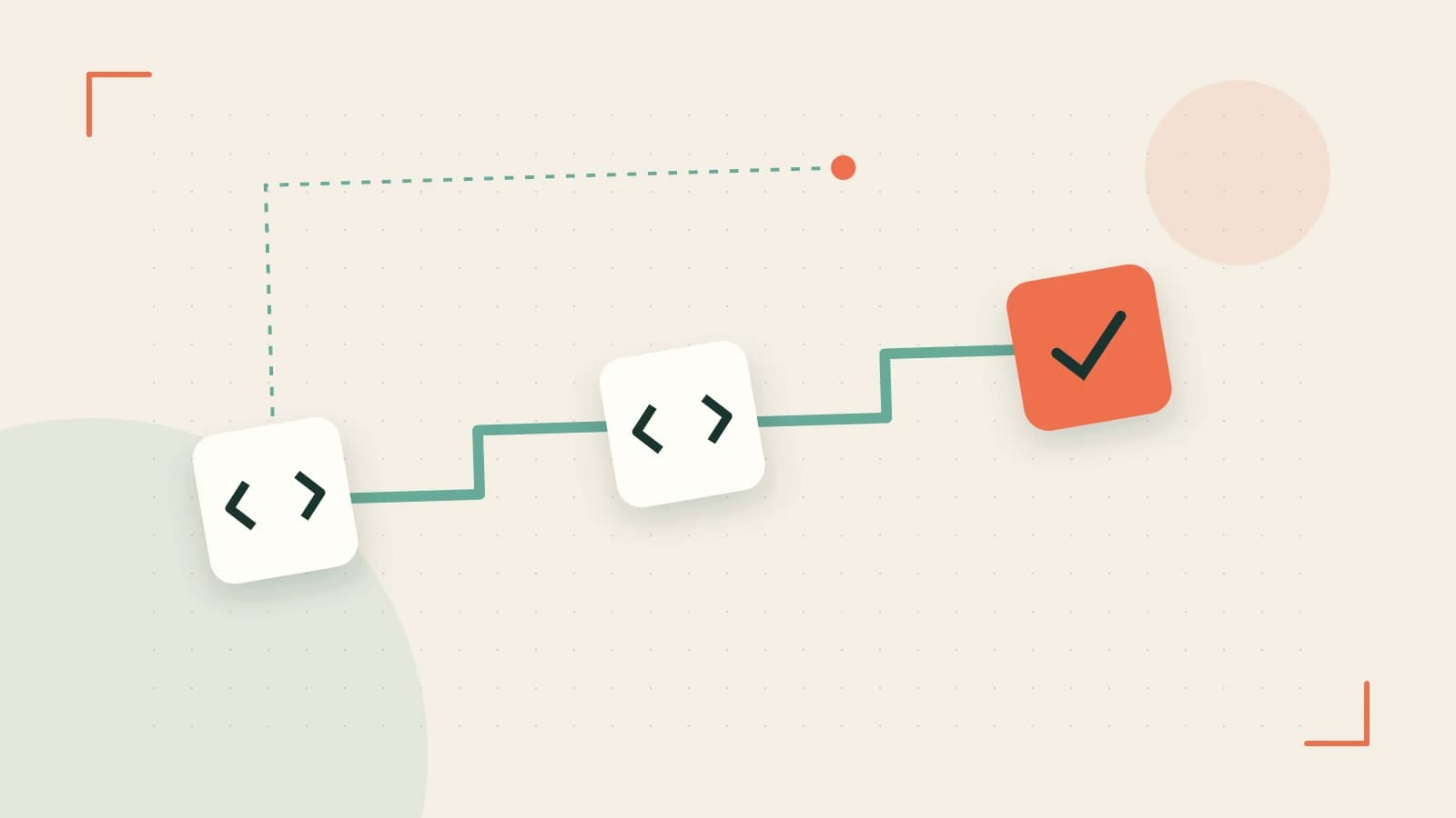 Editorial illustration of a branching build pipeline, staged transformations and a completed check