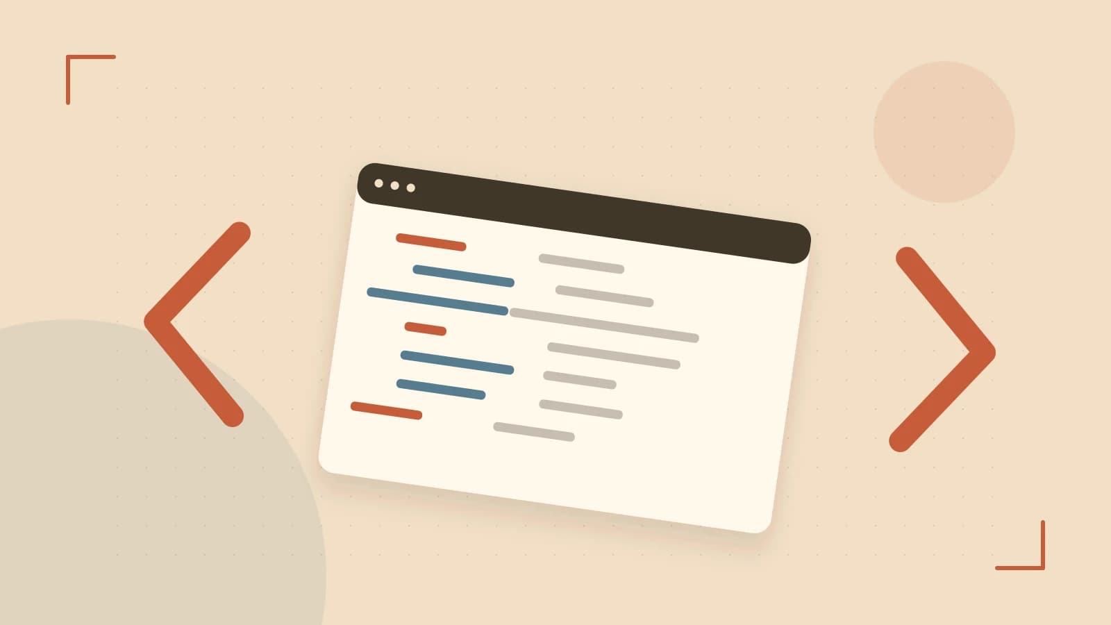 Editorial illustration of an abstract code editor, syntax blocks and oversized programming brackets