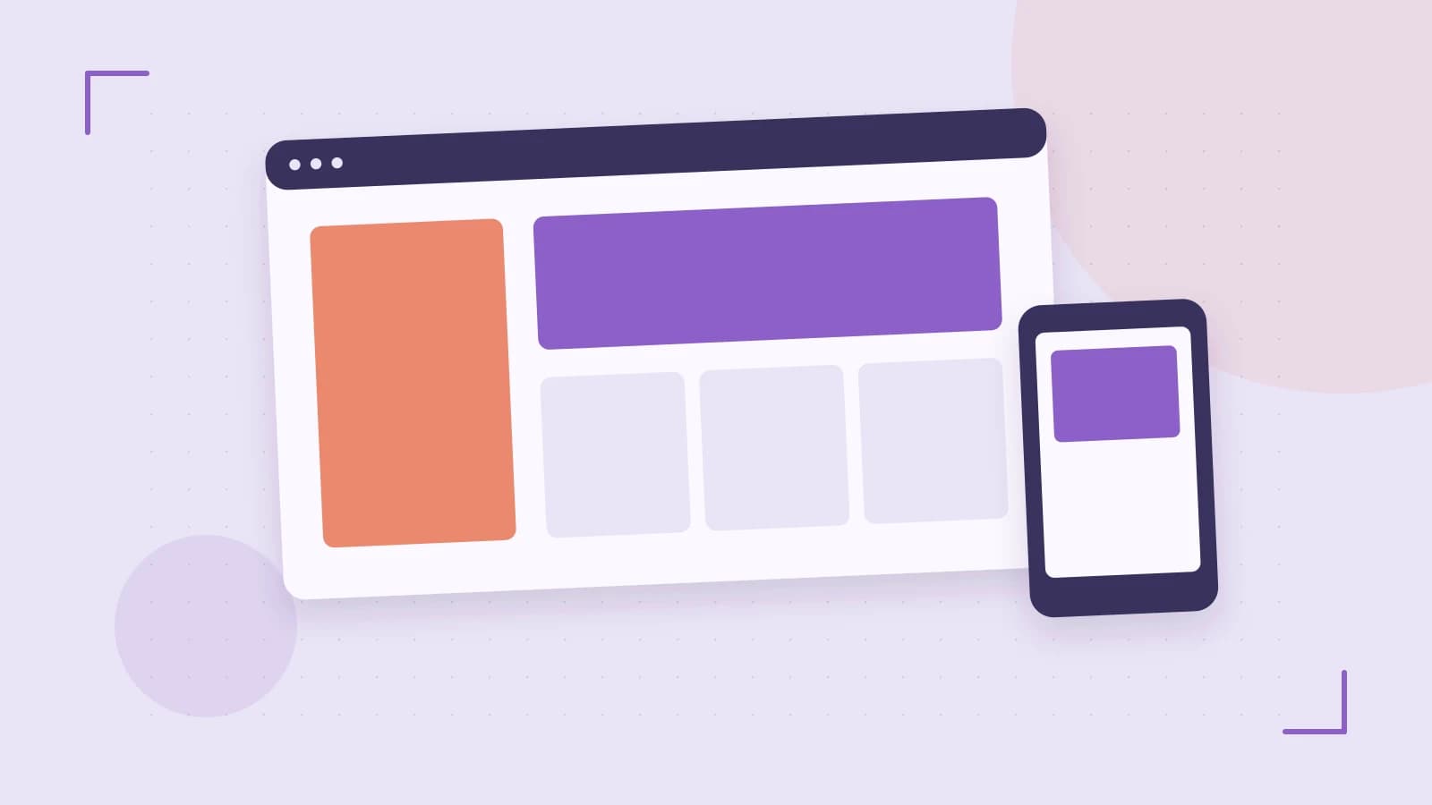 Editorial illustration of responsive browser layouts, overlapping design components and a color system