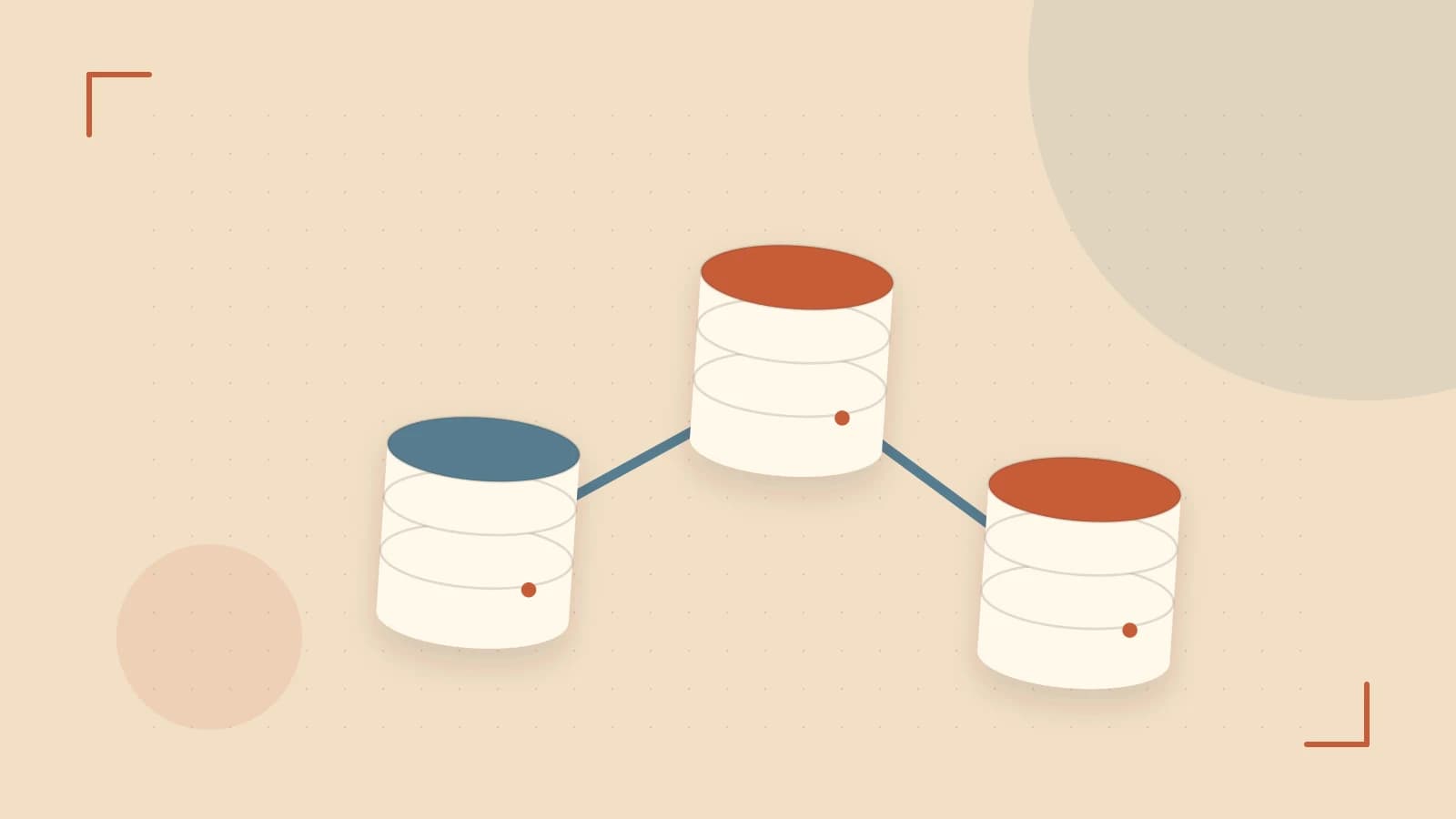Editorial illustration of structured records, database cylinders and relationships between tables