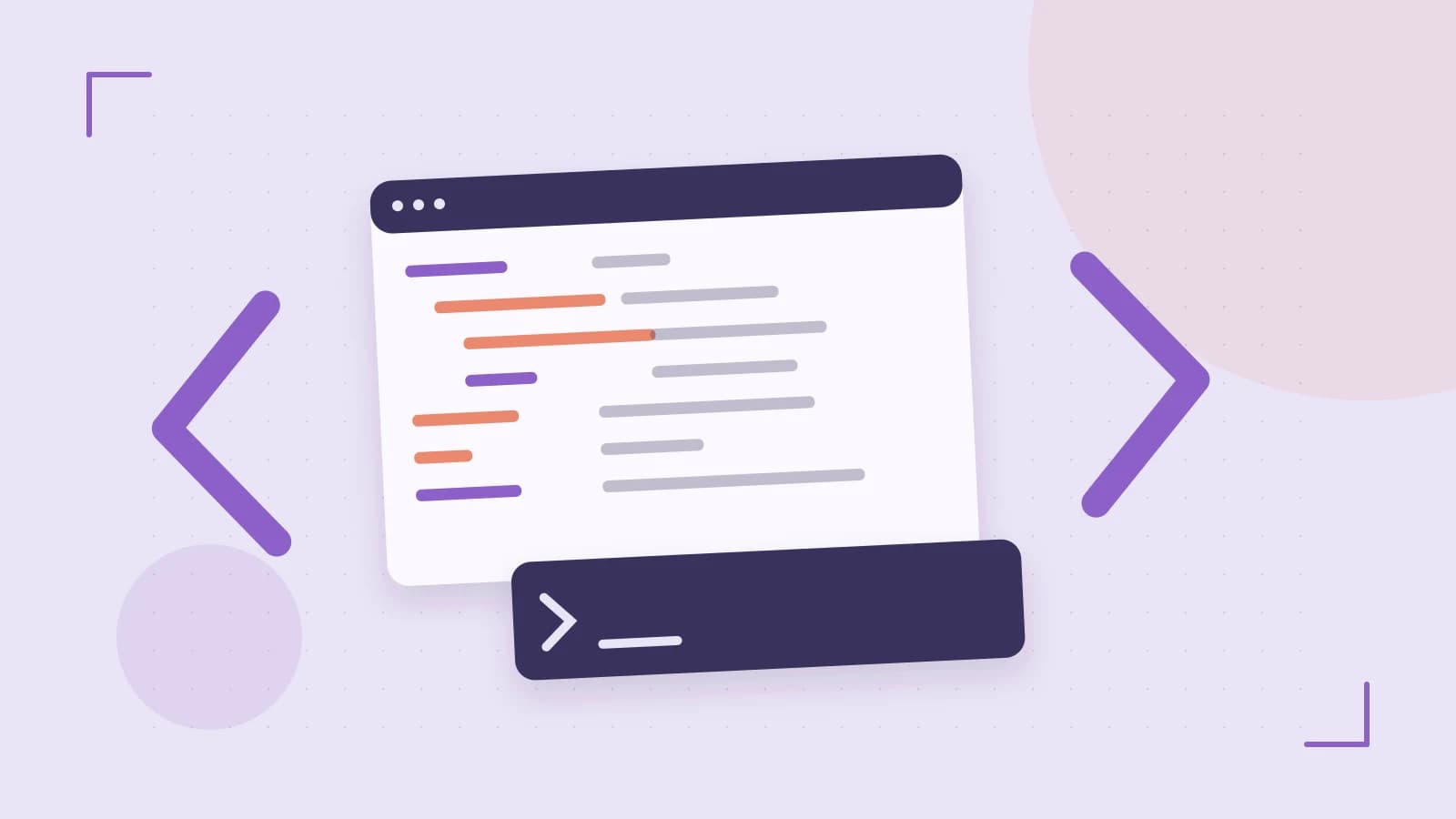 Editorial illustration of an abstract code editor, syntax blocks and oversized programming brackets