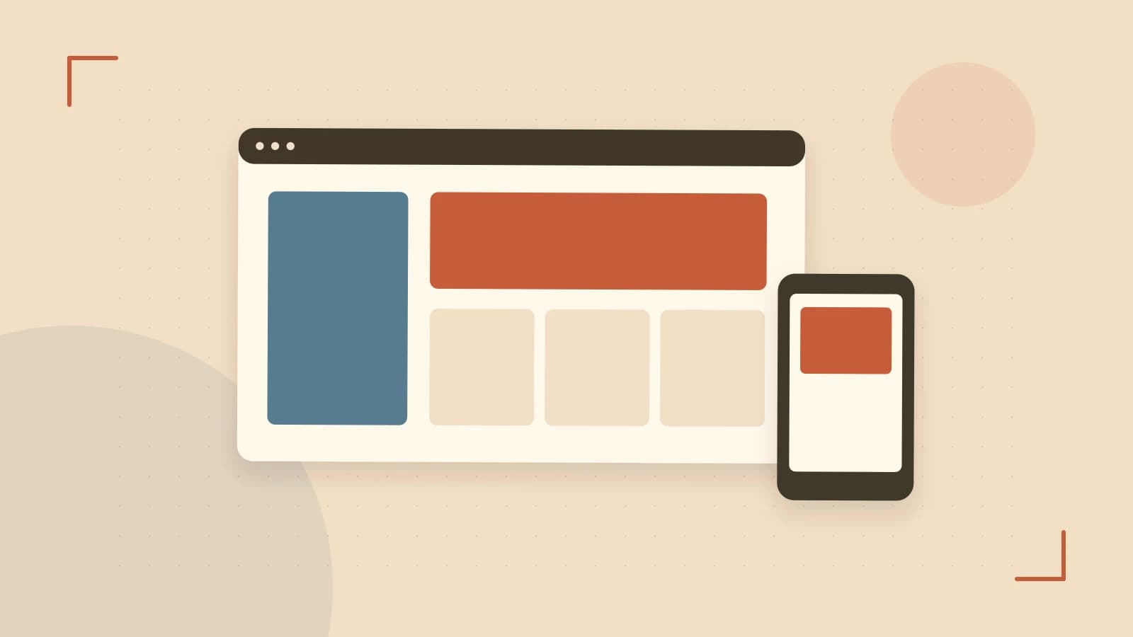Editorial illustration of responsive browser layouts, overlapping design components and a color system
