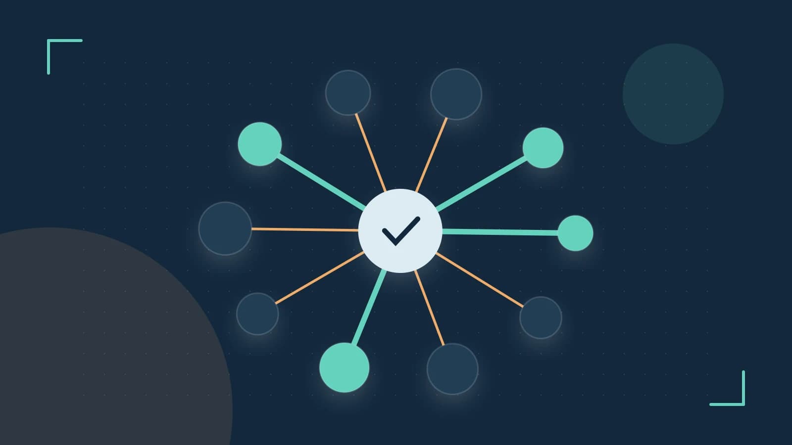 Editorial illustration of an algorithmic node graph with branching paths and a highlighted result