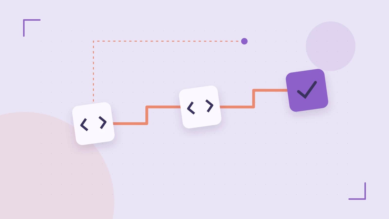 Editorial illustration of a branching build pipeline, staged transformations and a completed check